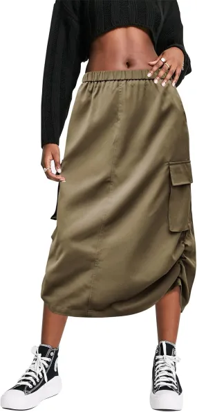 FARORO Y2k Cargo Long Skirts for Women Trendy High Waisted Vintage Slit Midi Skirt with Flap Pockets
