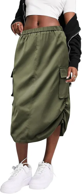 FARORO Y2k Cargo Long Skirts for Women Trendy High Waisted Vintage Slit Midi Skirt with Flap Pockets
