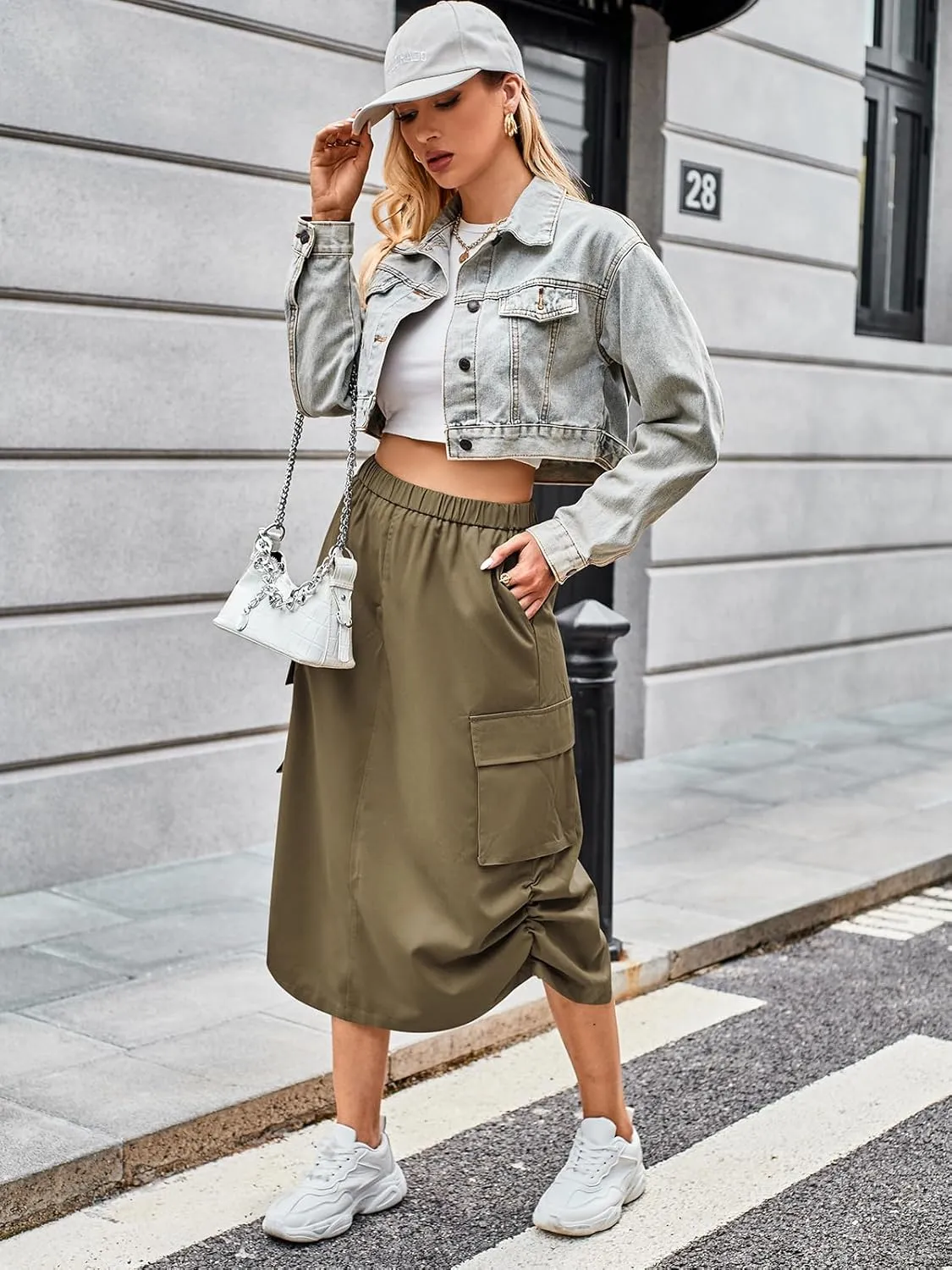 FARORO Y2k Cargo Long Skirts for Women Trendy High Waisted Vintage Slit Midi Skirt with Flap Pockets
