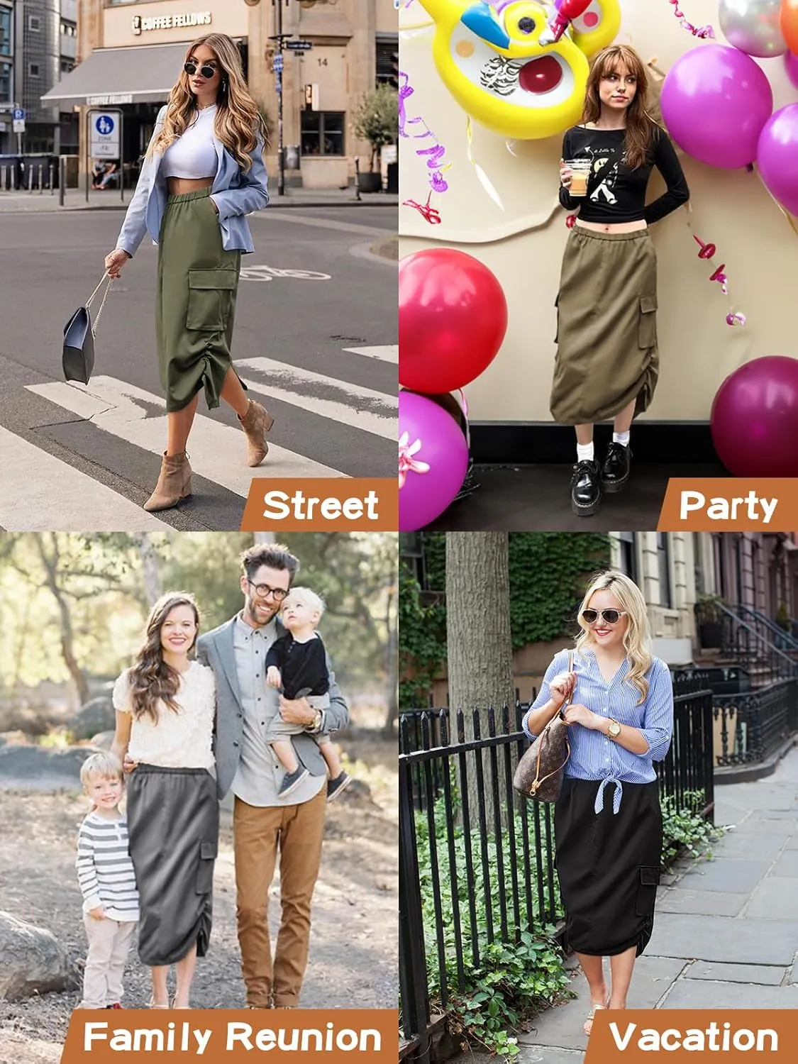 FARORO Y2k Cargo Long Skirts for Women Trendy High Waisted Vintage Slit Midi Skirt with Flap Pockets