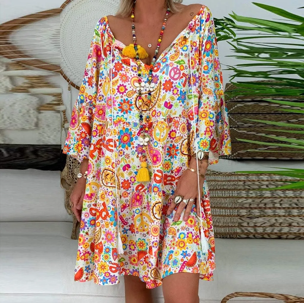 Floral Dresses for Women 2024 Plus Size Casual Loose Midi Dress V Neck Drawstring Long Sleeve Beach Summer Dresses