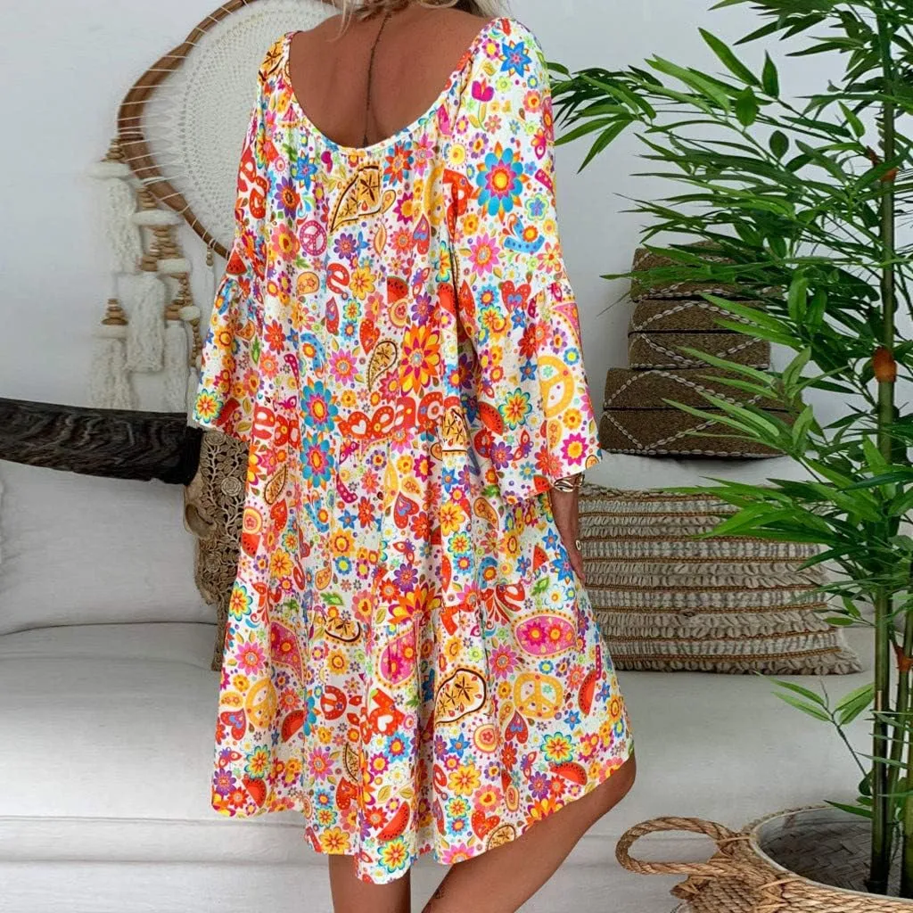 Floral Dresses for Women 2024 Plus Size Casual Loose Midi Dress V Neck Drawstring Long Sleeve Beach Summer Dresses