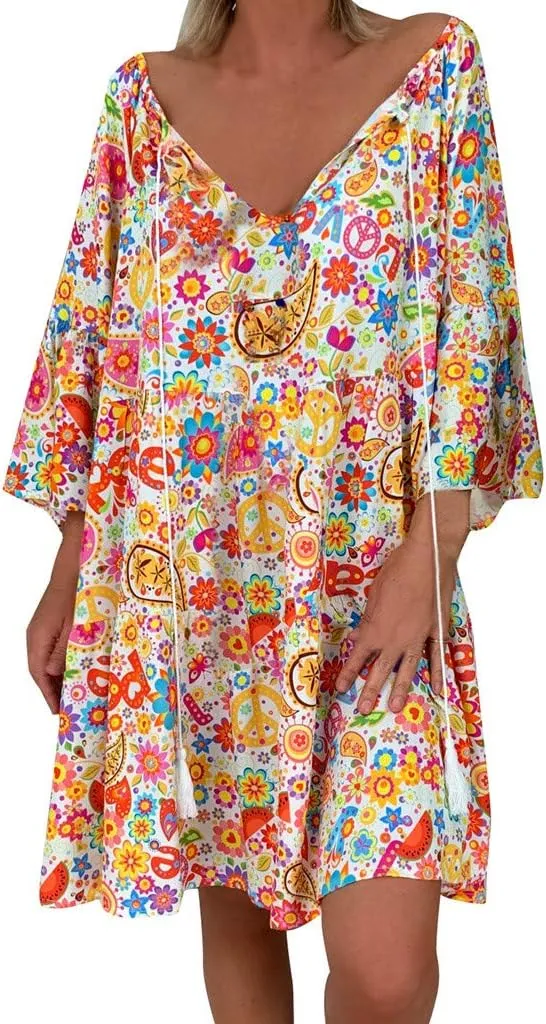 Floral Dresses for Women 2024 Plus Size Casual Loose Midi Dress V Neck Drawstring Long Sleeve Beach Summer Dresses