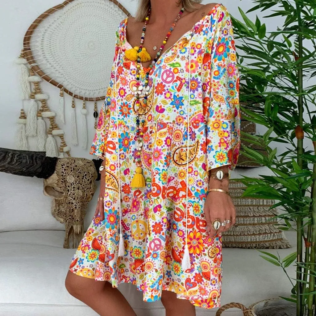 Floral Dresses for Women 2024 Plus Size Casual Loose Midi Dress V Neck Drawstring Long Sleeve Beach Summer Dresses