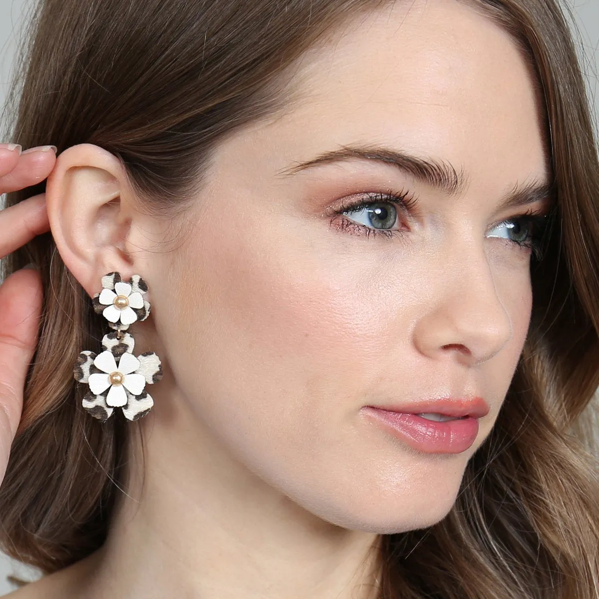 Flower Leather Post Drop Earrings