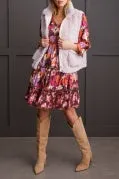 FLOWY PRINTED PEASANT DRESS-RUM