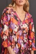 FLOWY PRINTED PEASANT DRESS-RUM