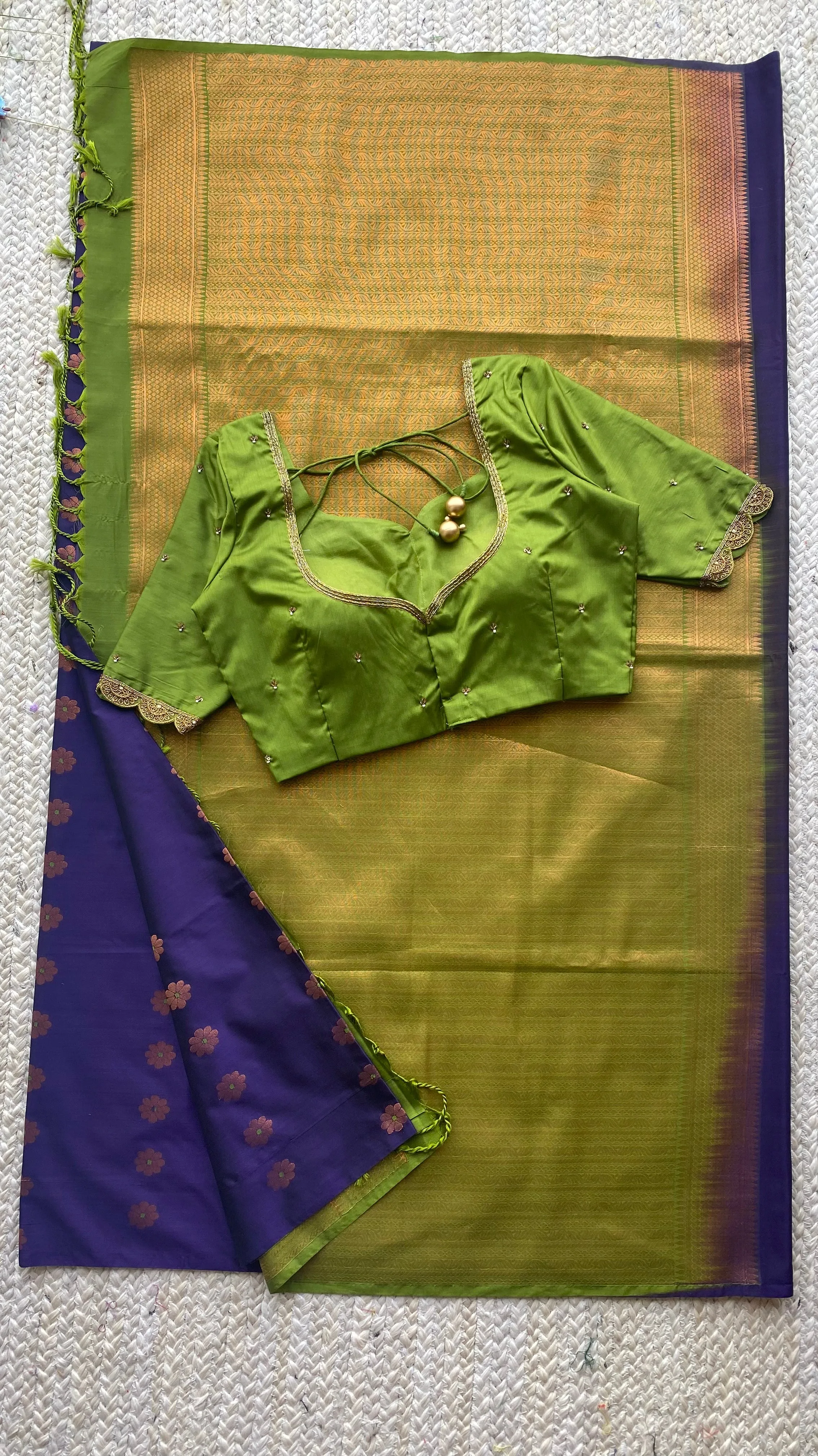 (Free full draping ) Blue silk saree with green hand worked blouse