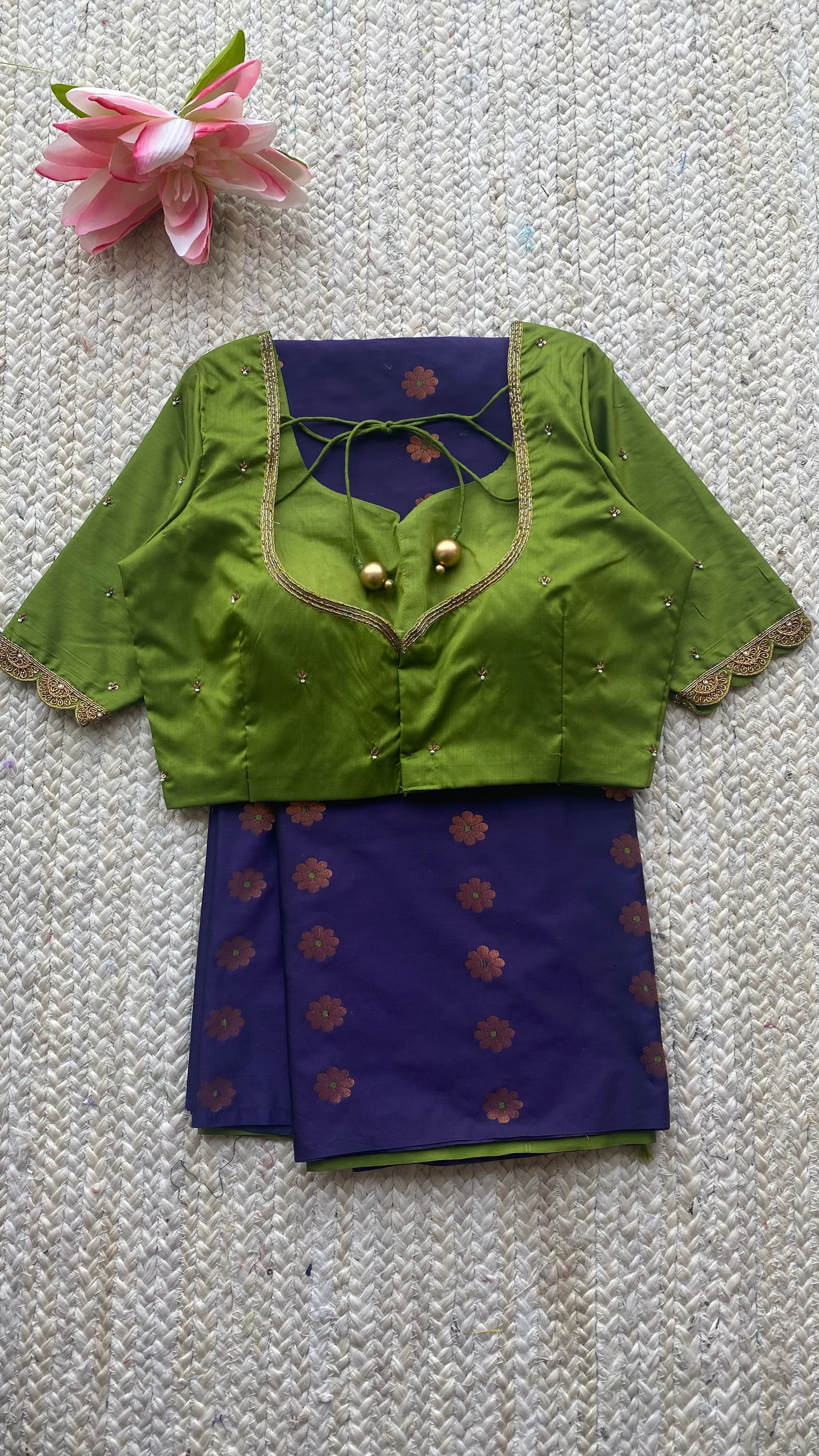(Free full draping ) Blue silk saree with green hand worked blouse