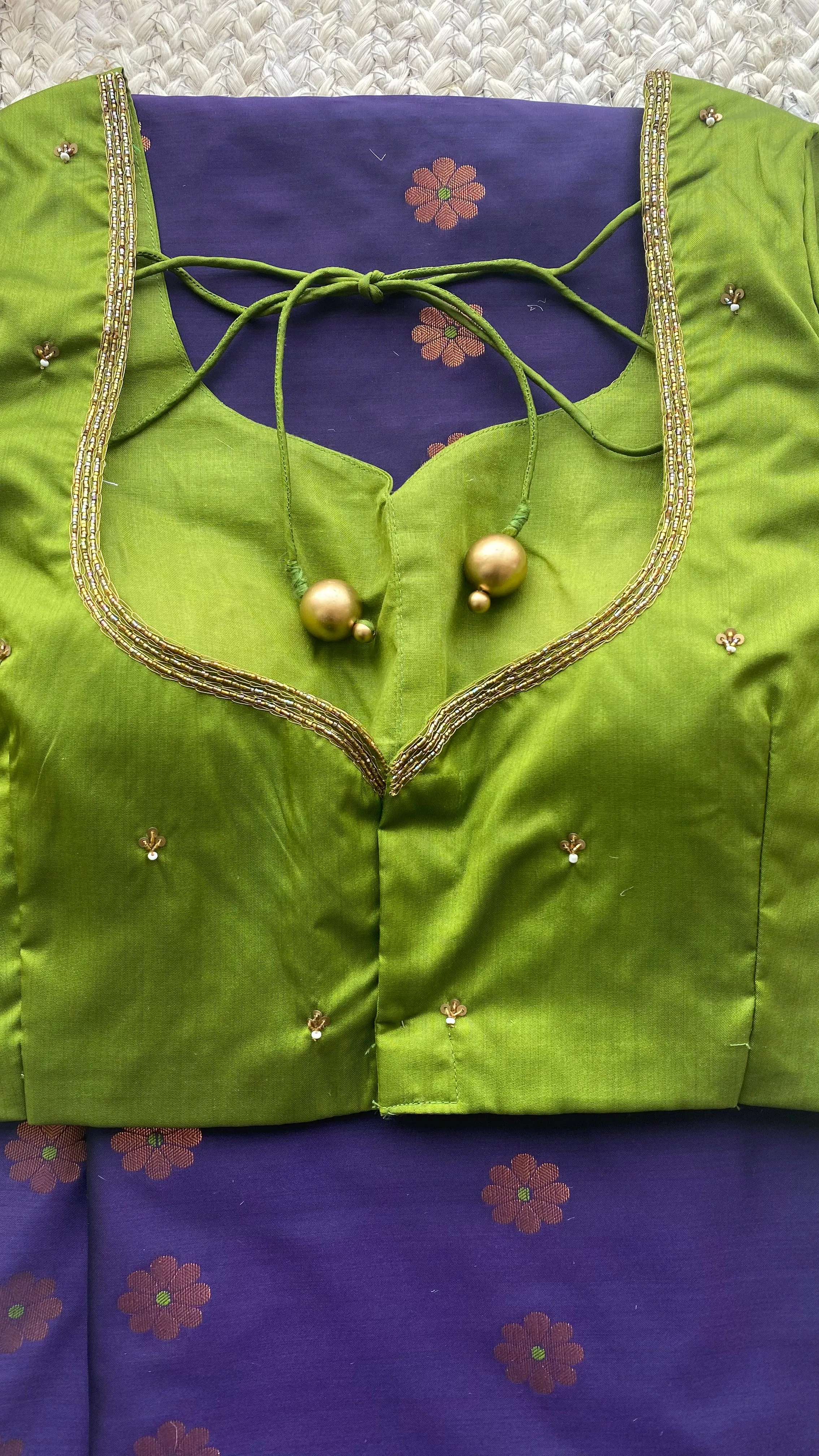 (Free full draping ) Blue silk saree with green hand worked blouse