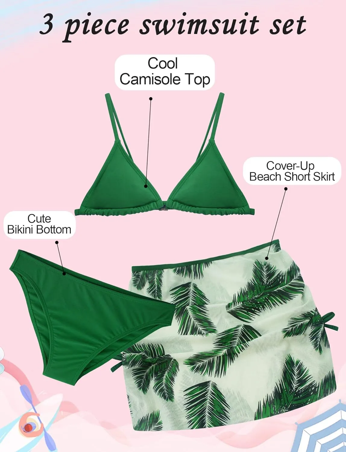 Girls 3 Piece Swimsuit Summer Hawaiian Bikini Set with Beach Cover Up Skirt Bathing Suit Swimwear 8-15 Years