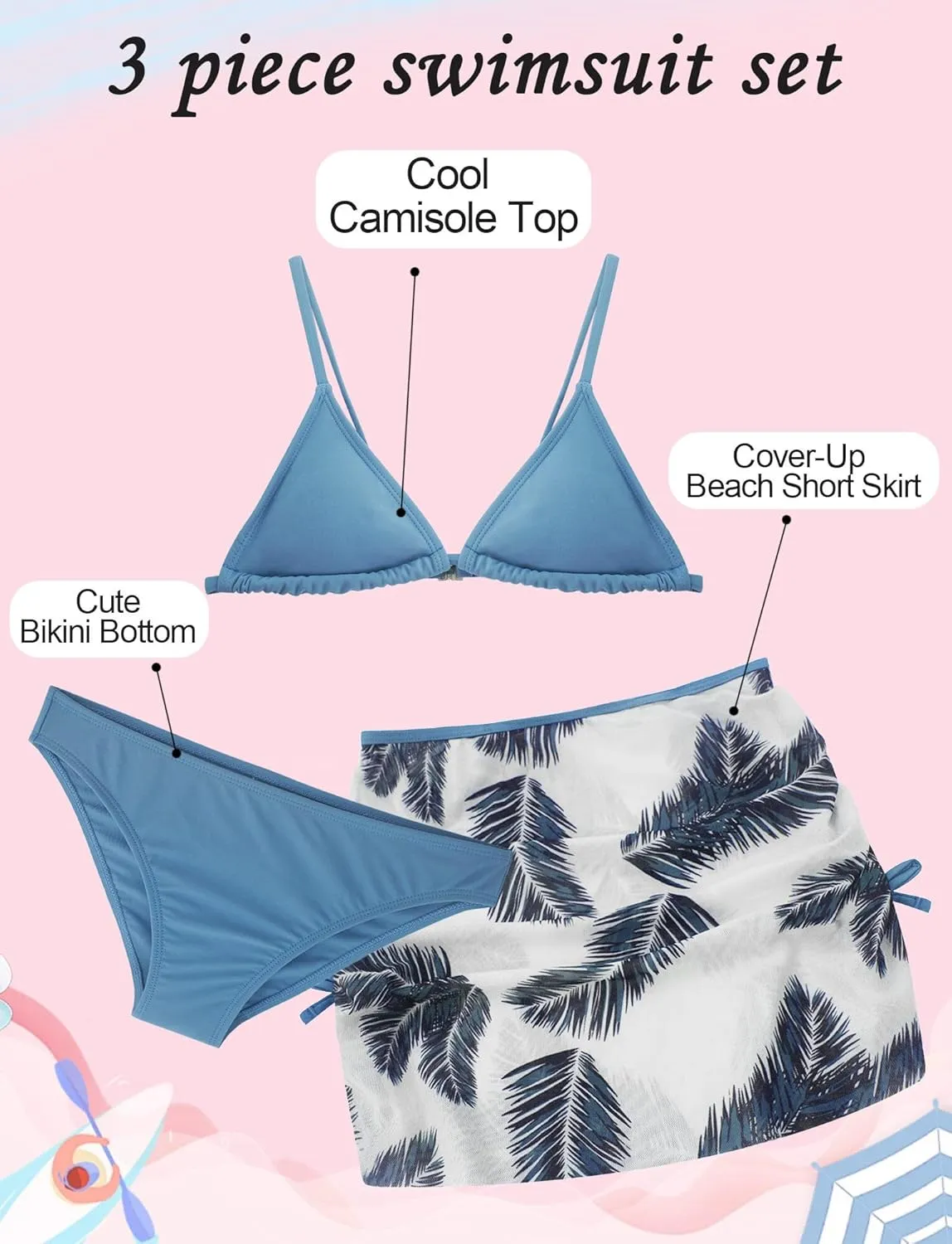 Girls 3 Piece Swimsuit Summer Hawaiian Bikini Set with Beach Cover Up Skirt Bathing Suit Swimwear 8-15 Years