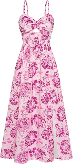 GRACE KARIN 2025 Women's Summer Spaghetti Strap Maxi Dress Smocked Floral Dress Sleeveless Boho Beach Sundress with Pockets