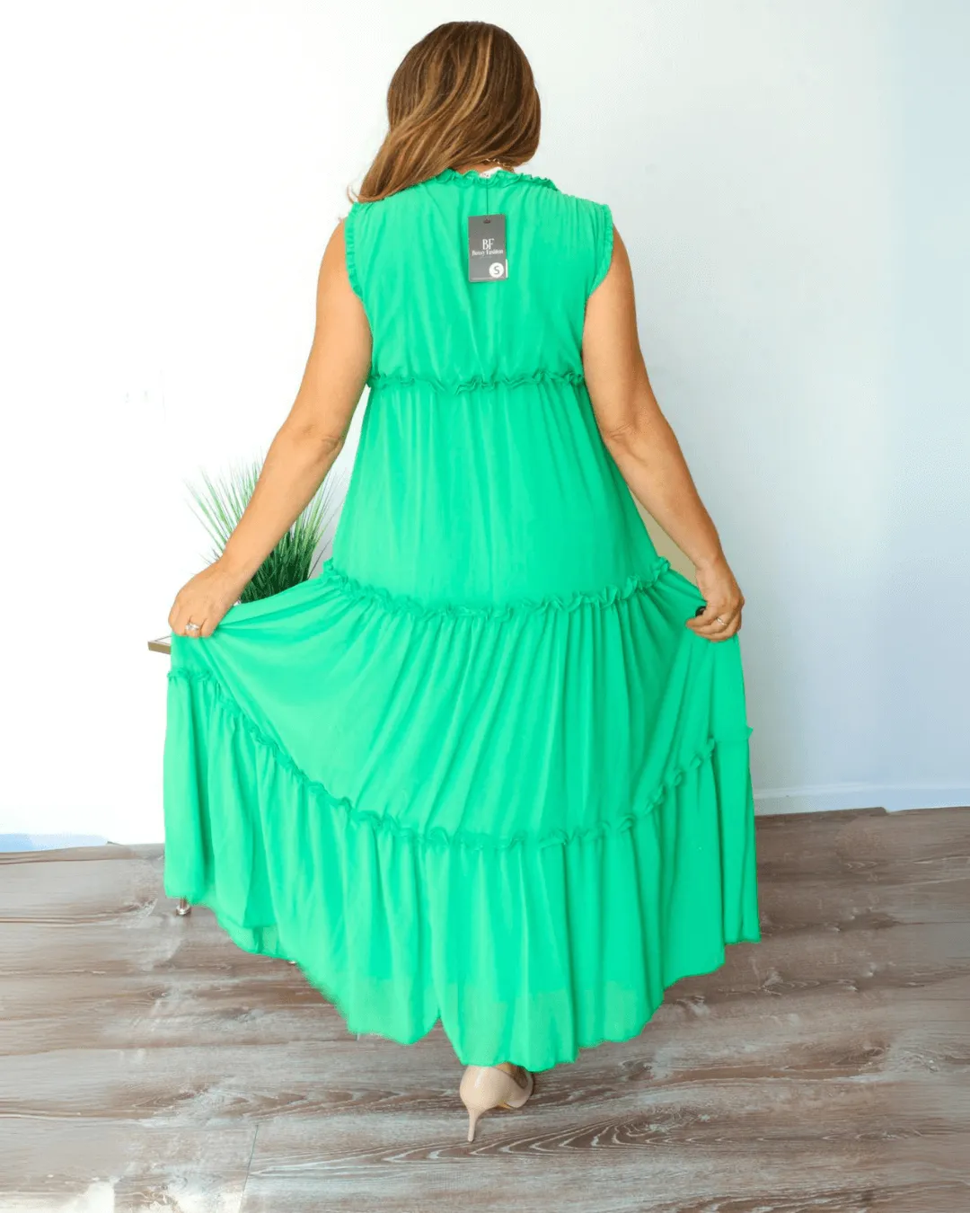 Green Ruffled Tiered Sleeveless Dress