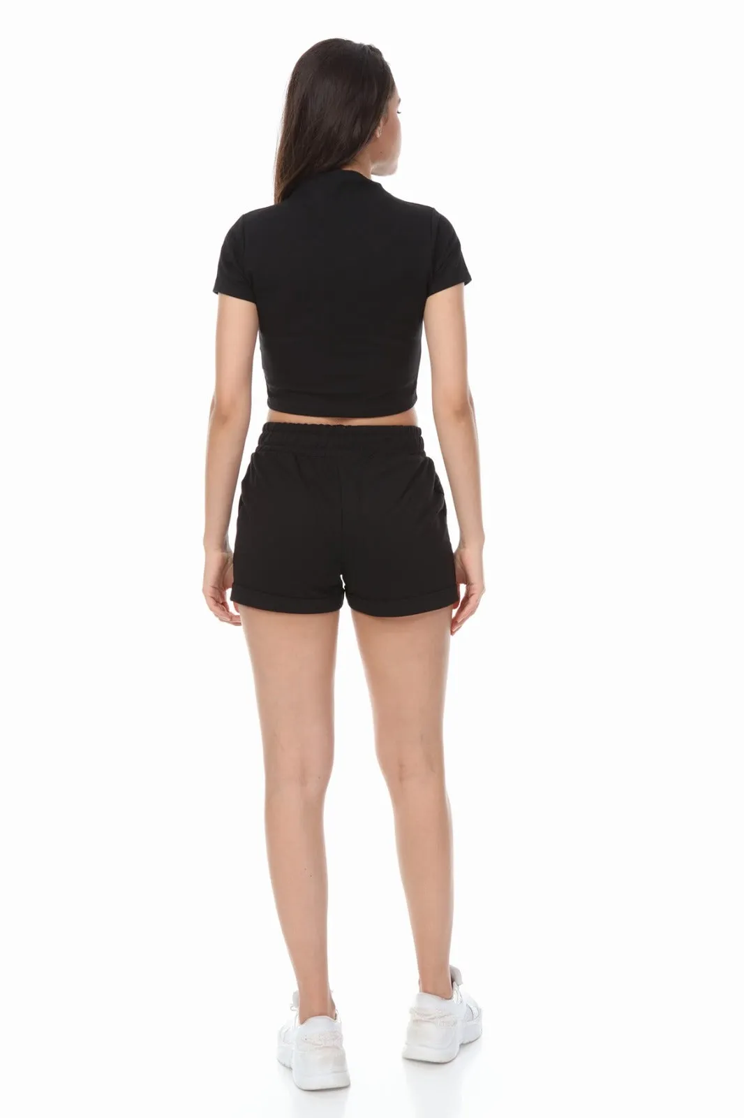 HIGH NECK CROP TOP SHORTS BLACK 2 PIECE MATCHING SET