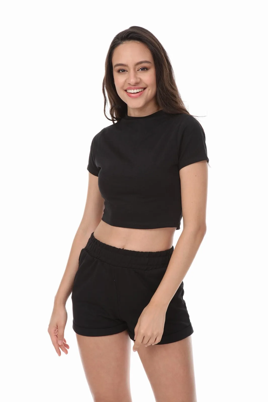 HIGH NECK CROP TOP SHORTS BLACK 2 PIECE MATCHING SET