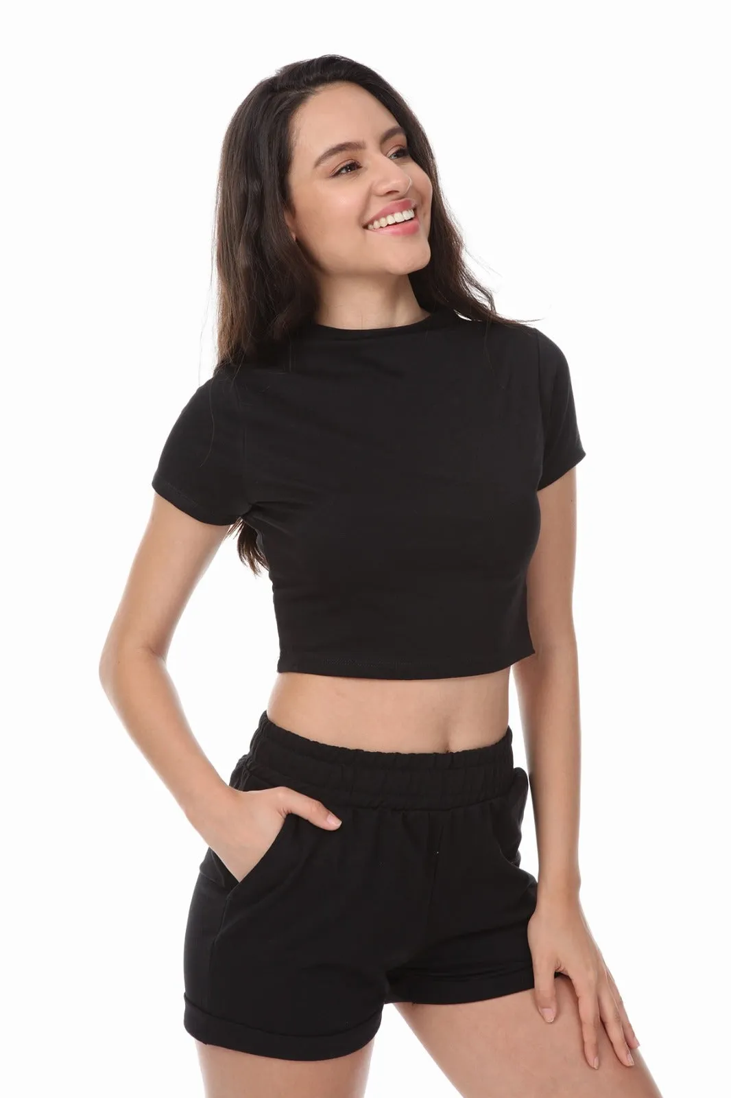 HIGH NECK CROP TOP SHORTS BLACK 2 PIECE MATCHING SET