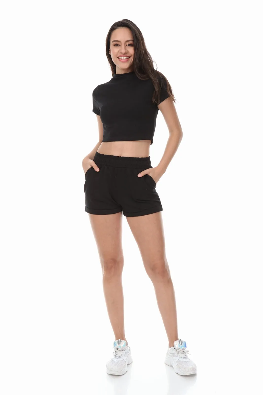 HIGH NECK CROP TOP SHORTS BLACK 2 PIECE MATCHING SET