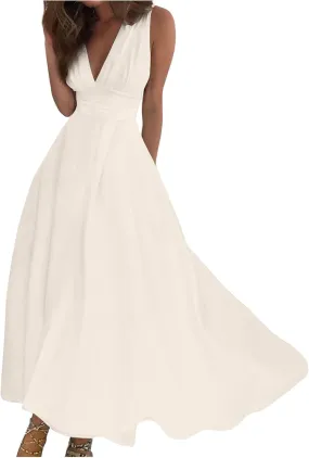 HXHYQKP Dresses for Women 2025 A Line Swing Dress Wrap V Neck Sleeveless Maxi Dress Trendy Floral Print Flowy Beach Dress