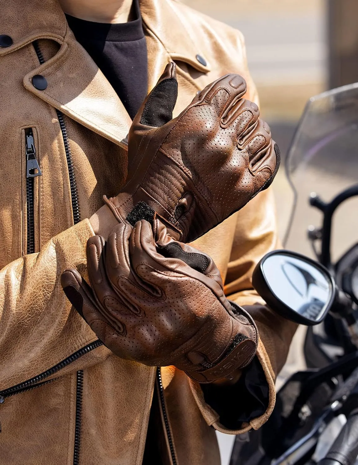 INBIKE Motorcycle Gloves for Men Premium Genuine Perforated Leather Breathable Motorbike Riding Gloves Touchscreen with Hard Knuckle