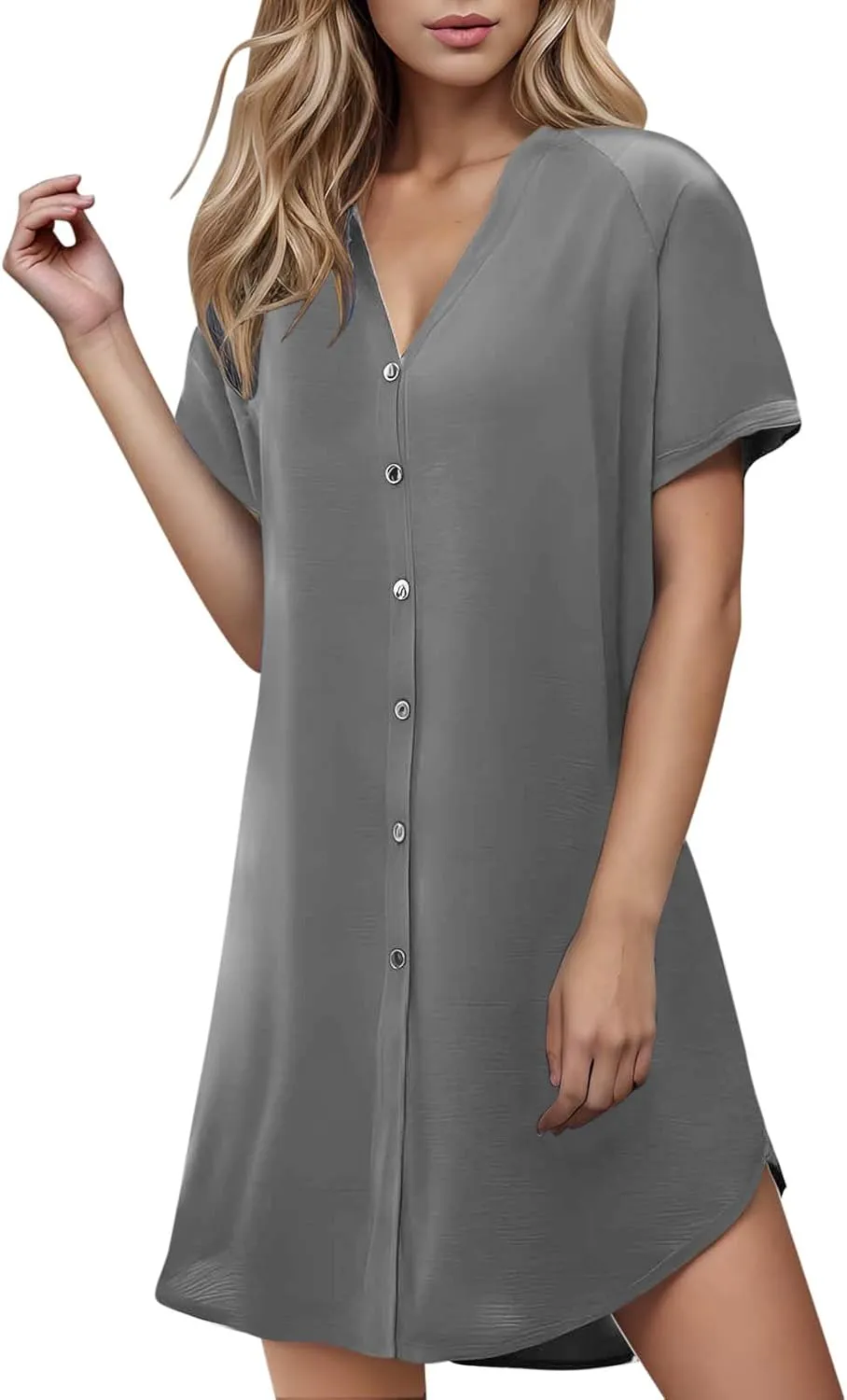 jsaierl Women's Button Down V Neck Shirts Dress Casual Loose Solid Basic T Shirt Dress Summer Short Sleeve Shift Dress