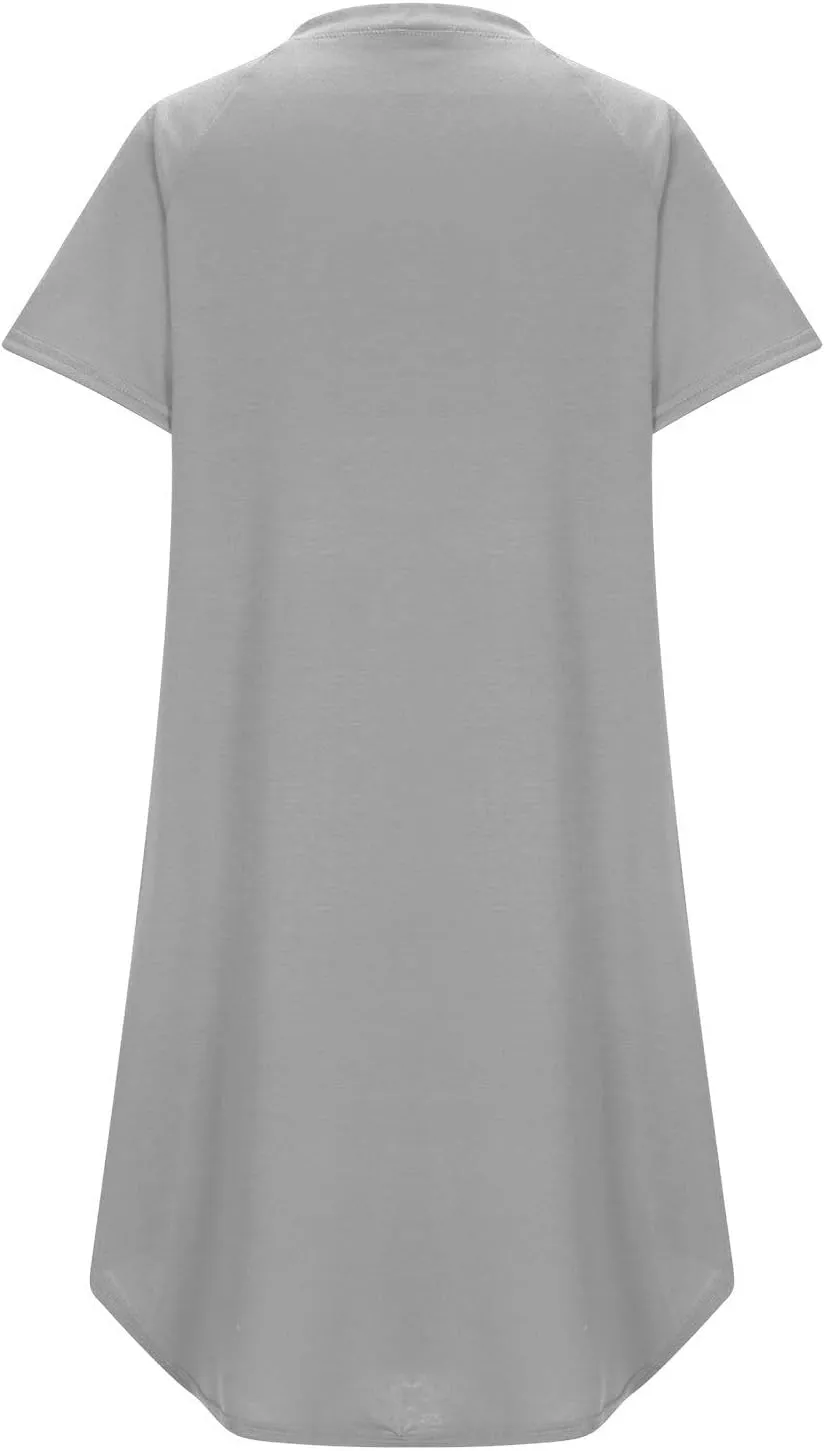 jsaierl Women's Button Down V Neck Shirts Dress Casual Loose Solid Basic T Shirt Dress Summer Short Sleeve Shift Dress