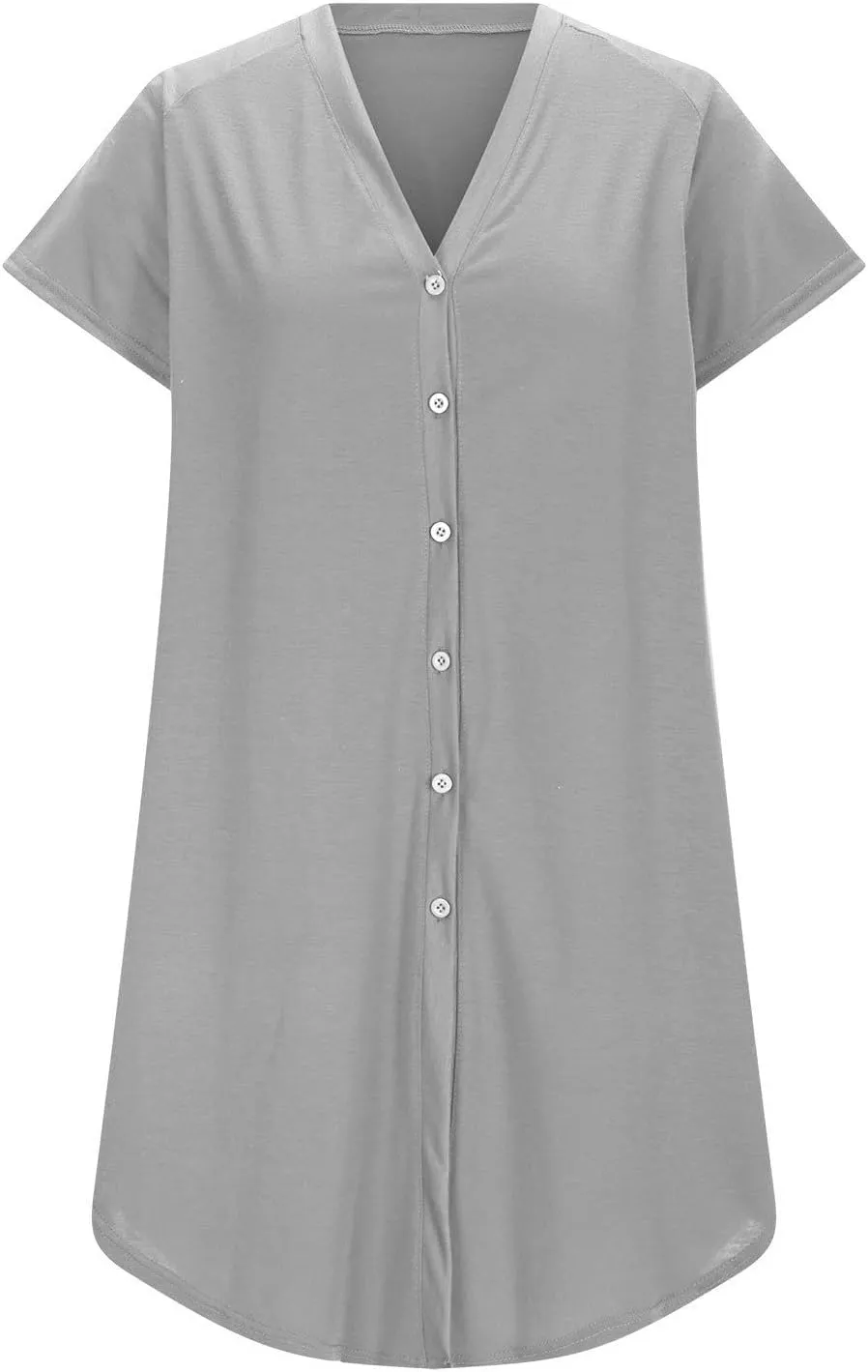 jsaierl Women's Button Down V Neck Shirts Dress Casual Loose Solid Basic T Shirt Dress Summer Short Sleeve Shift Dress