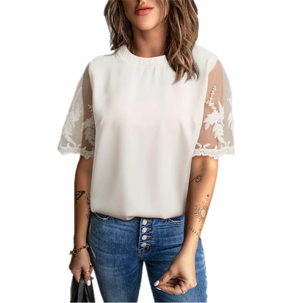 JuliaFashion - 2024 Women Sexy Lace Patchwork Hollow Out Shirt Blouse