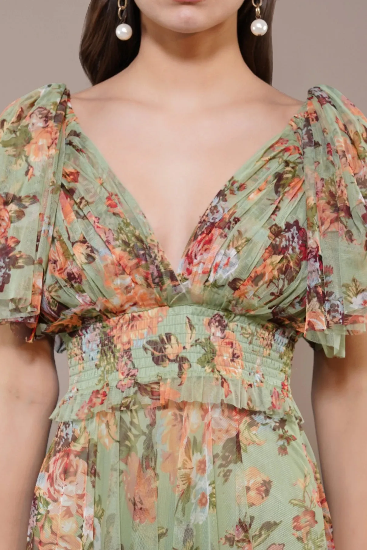Lace & Beads Shelby Light Green Floral Maxi Dress