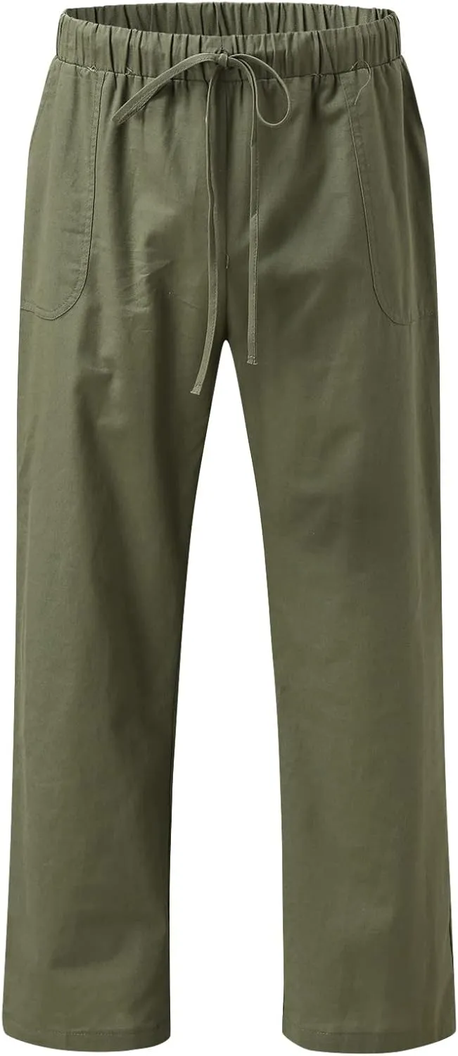 Linen Pants for Men Casual Lightweight Loose Fit Drawstring Waist Wide Leg Breathable Summer Beach Pants