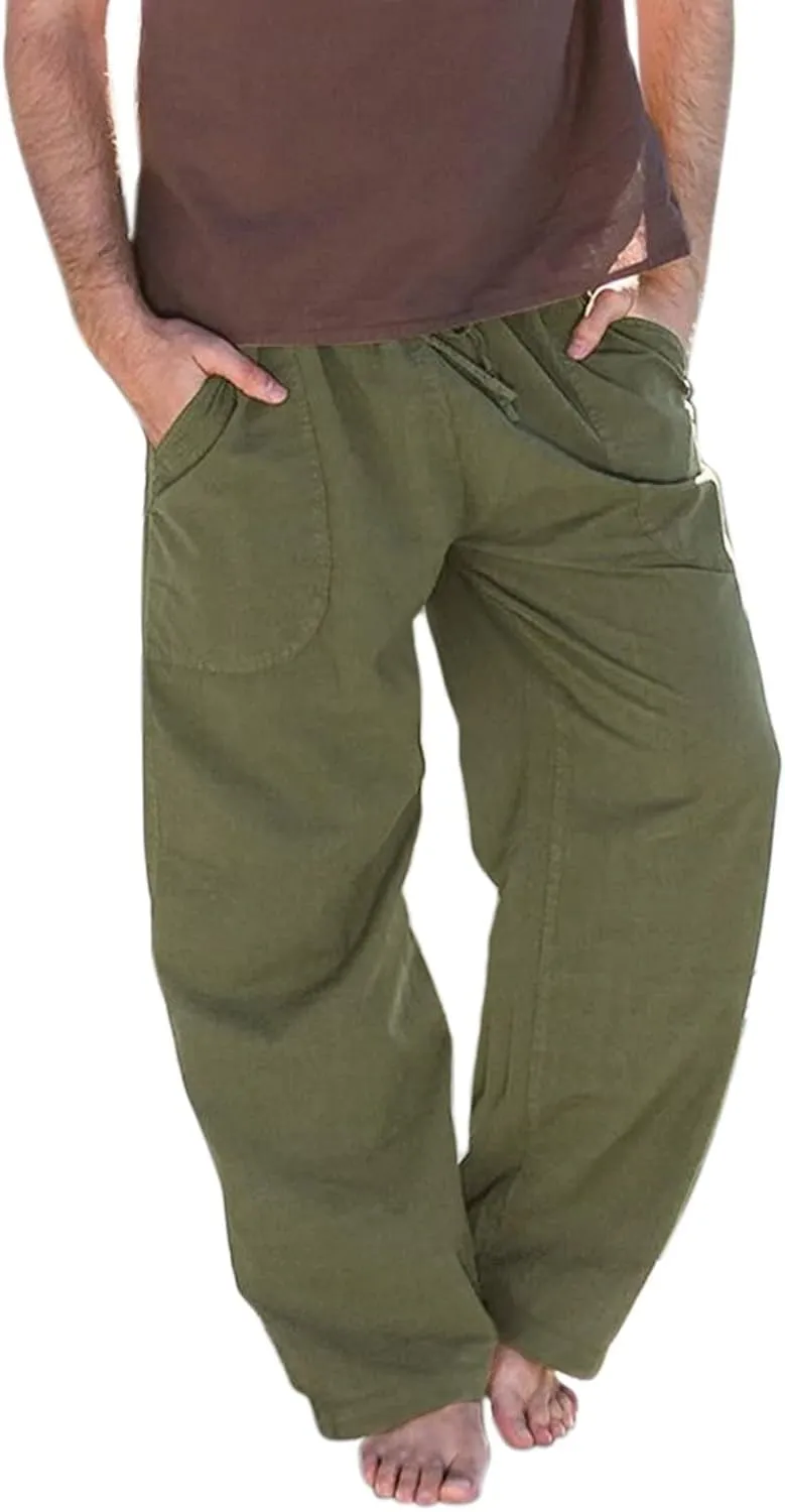 Linen Pants for Men Casual Lightweight Loose Fit Drawstring Waist Wide Leg Breathable Summer Beach Pants