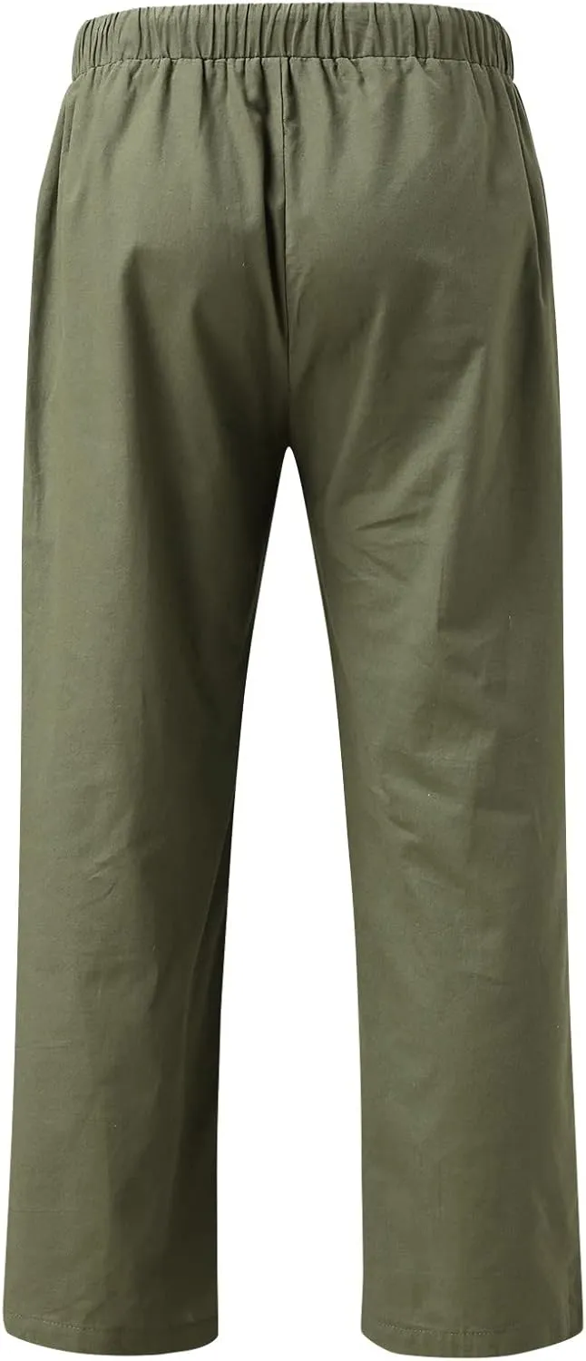 Linen Pants for Men Casual Lightweight Loose Fit Drawstring Waist Wide Leg Breathable Summer Beach Pants