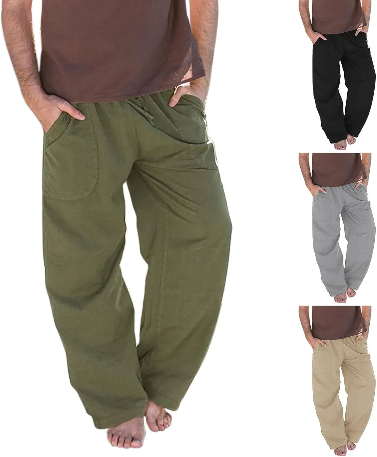 Linen Pants for Men Casual Lightweight Loose Fit Drawstring Waist Wide Leg Breathable Summer Beach Pants