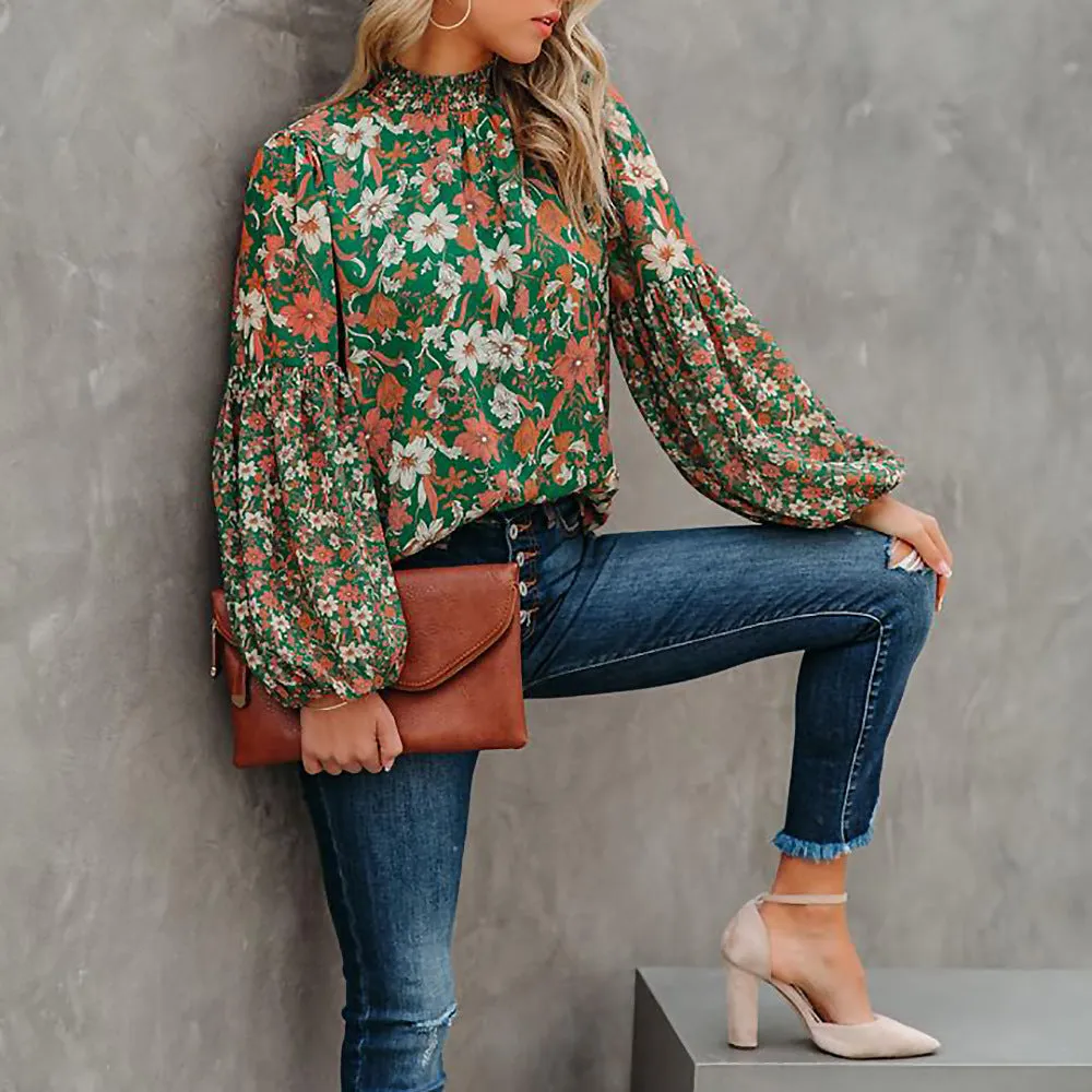 Loose Floral Printed Casual Wholesale Blouse Lantern Sleeves