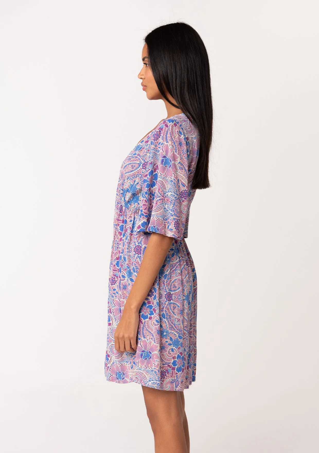 Lurex Floral Empire Waist Half Sleeve Mini Dress