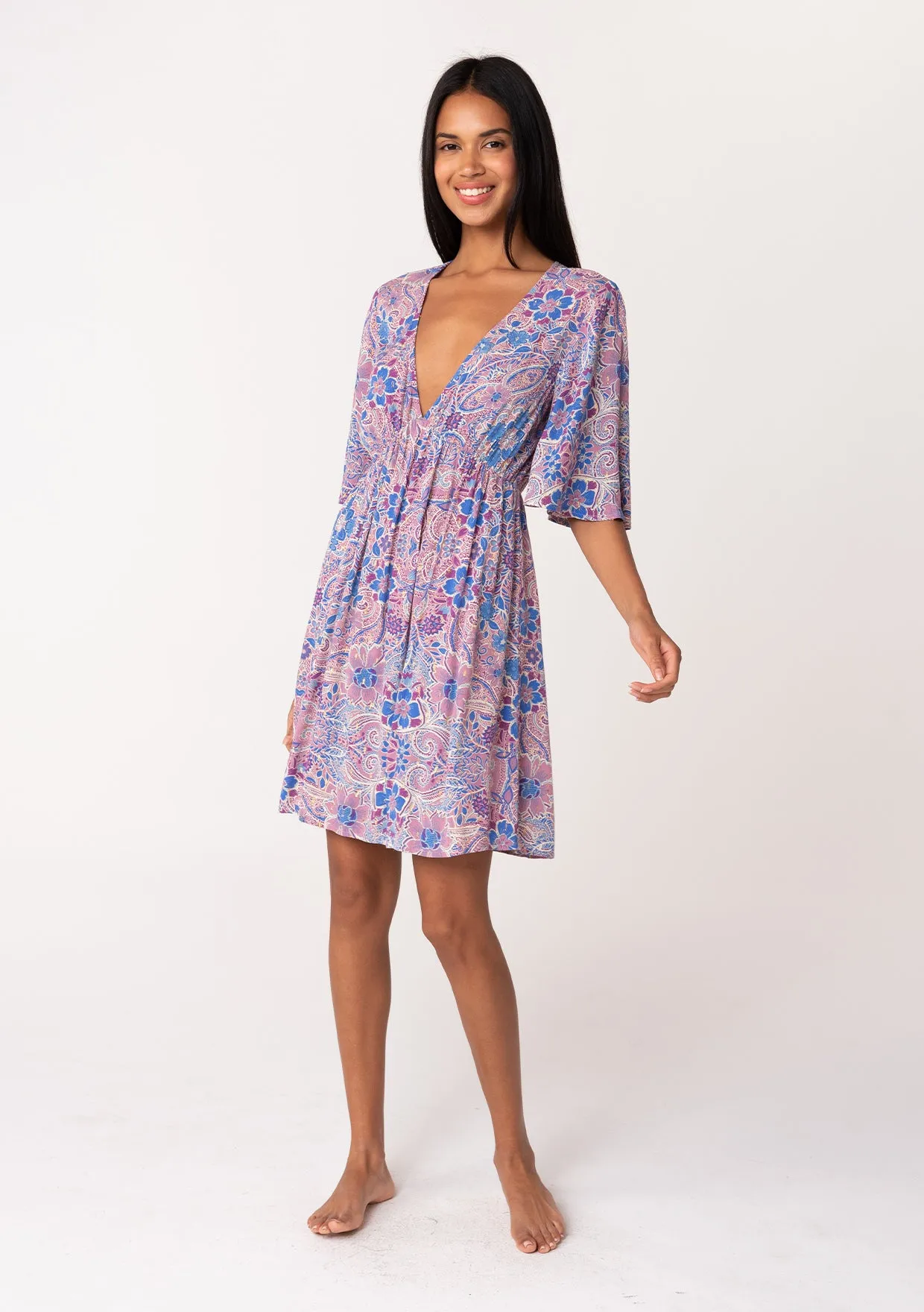 Lurex Floral Empire Waist Half Sleeve Mini Dress