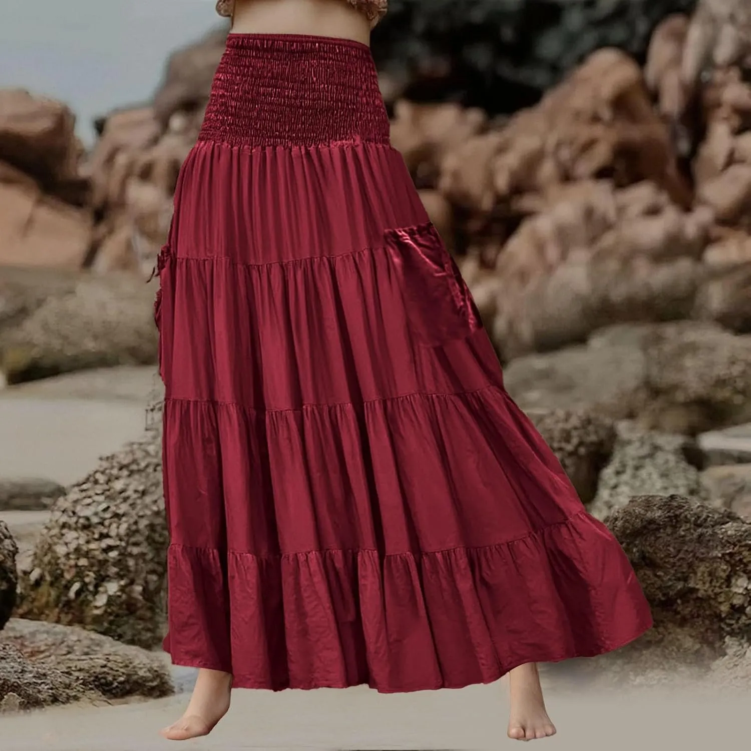Maxi Dresses for Women Elastic High Waisted Casual Boho Full Skirt Beach Pleated Hippie Gypsy Skirt with Pockets