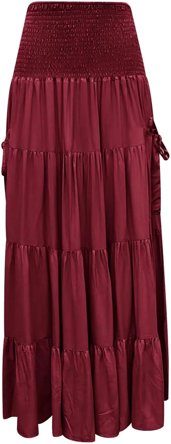 Maxi Dresses for Women Elastic High Waisted Casual Boho Full Skirt Beach Pleated Hippie Gypsy Skirt with Pockets