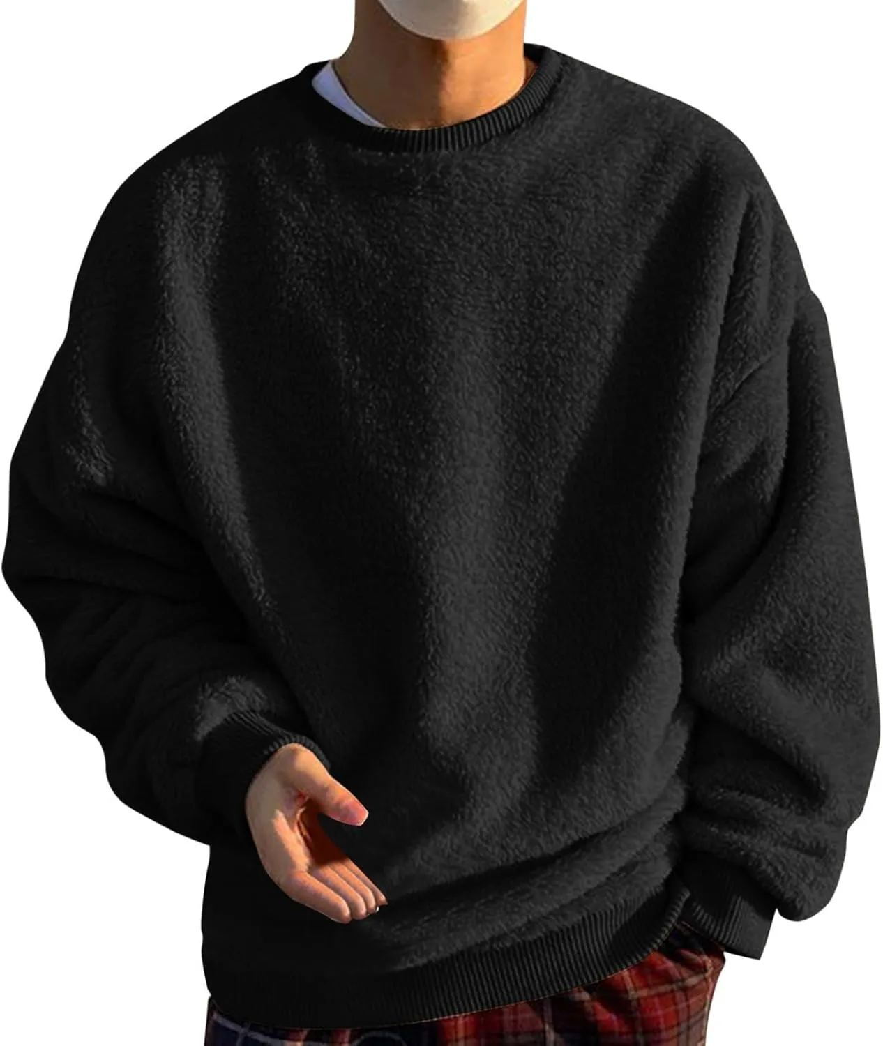 Men Fuzzy Plush Casual Sweatshirt Fleece Sherpa Crewneck Long Sleeve Pullover Winter Solid Color Loose Warm Soft Sweater Tops