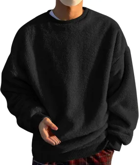 Men Fuzzy Plush Casual Sweatshirt Fleece Sherpa Crewneck Long Sleeve Pullover Winter Solid Color Loose Warm Soft Sweater Tops