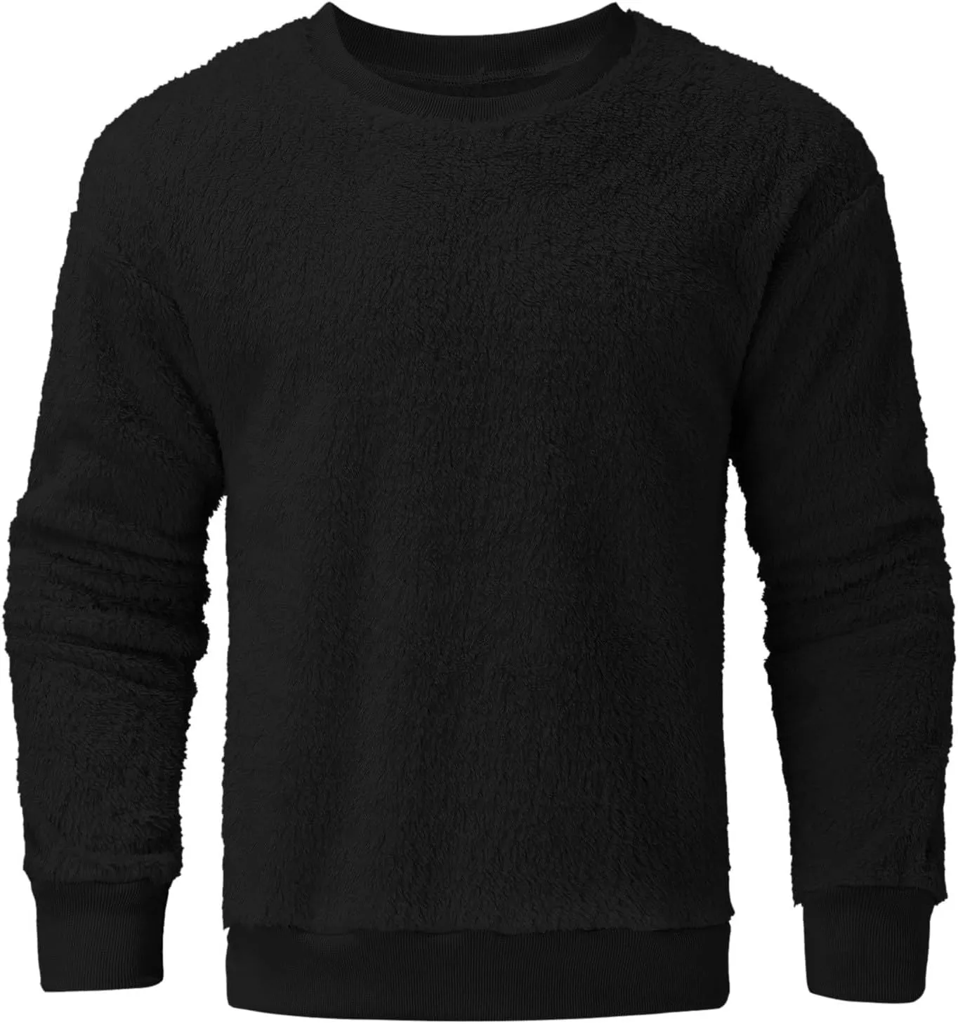 Men Fuzzy Plush Casual Sweatshirt Fleece Sherpa Crewneck Long Sleeve Pullover Winter Solid Color Loose Warm Soft Sweater Tops