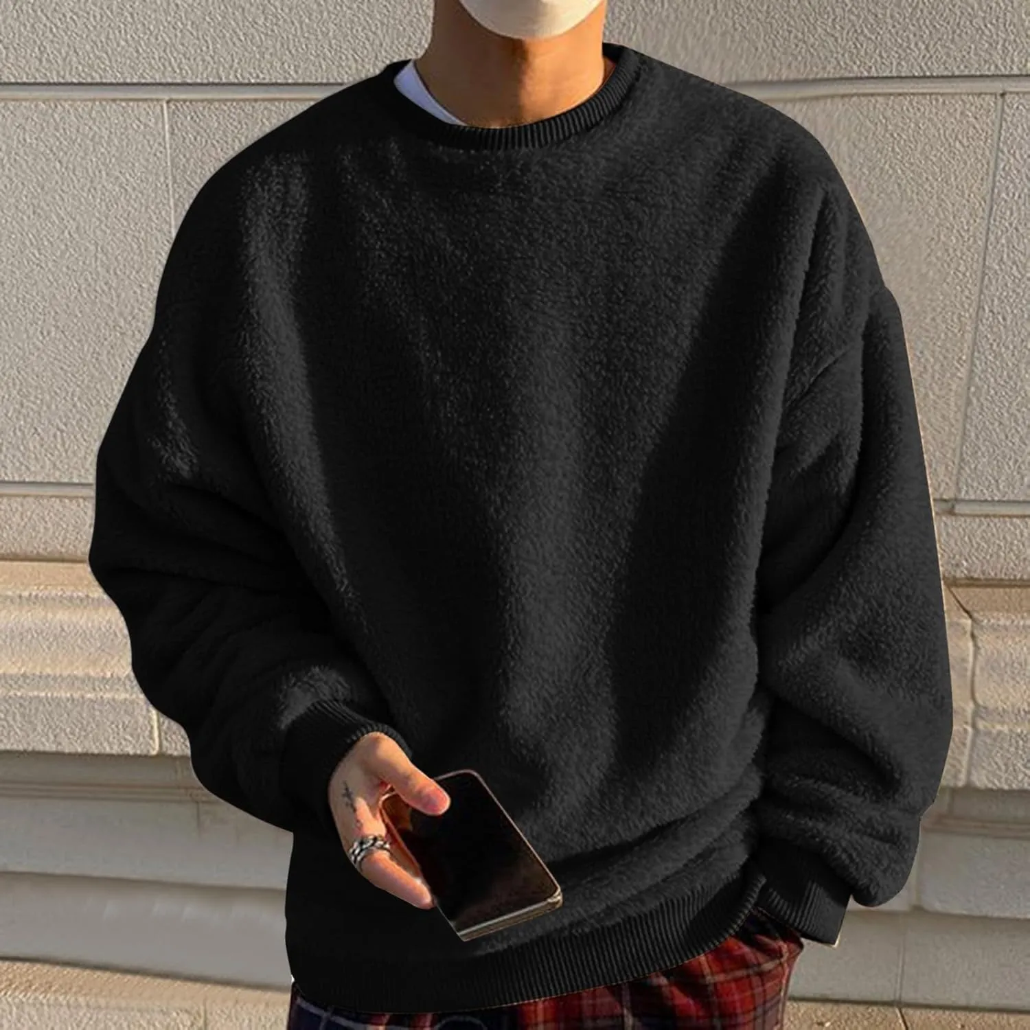 Men Fuzzy Plush Casual Sweatshirt Fleece Sherpa Crewneck Long Sleeve Pullover Winter Solid Color Loose Warm Soft Sweater Tops