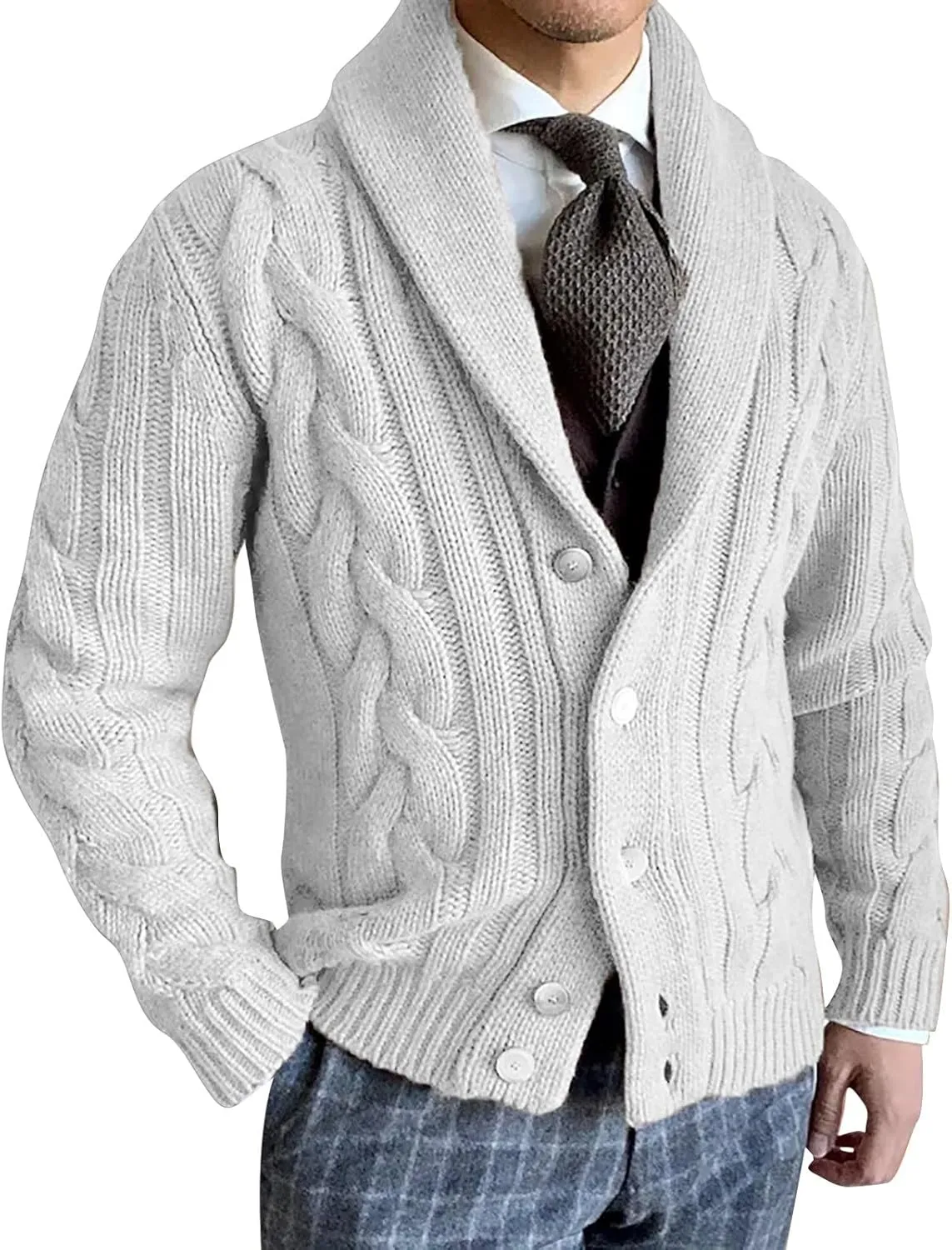 Men's Cardigan Sweaters Plaited Cable Slim Fit Shawl Collar Button Down Sweater Winter Soft Warm Knitted Coat Outwear