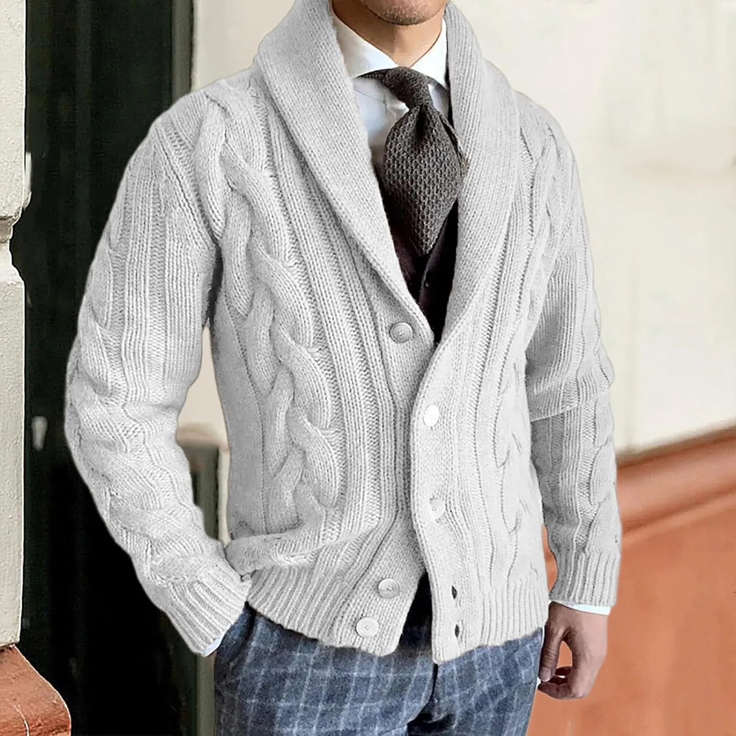 Men's Cardigan Sweaters Plaited Cable Slim Fit Shawl Collar Button Down Sweater Winter Soft Warm Knitted Coat Outwear