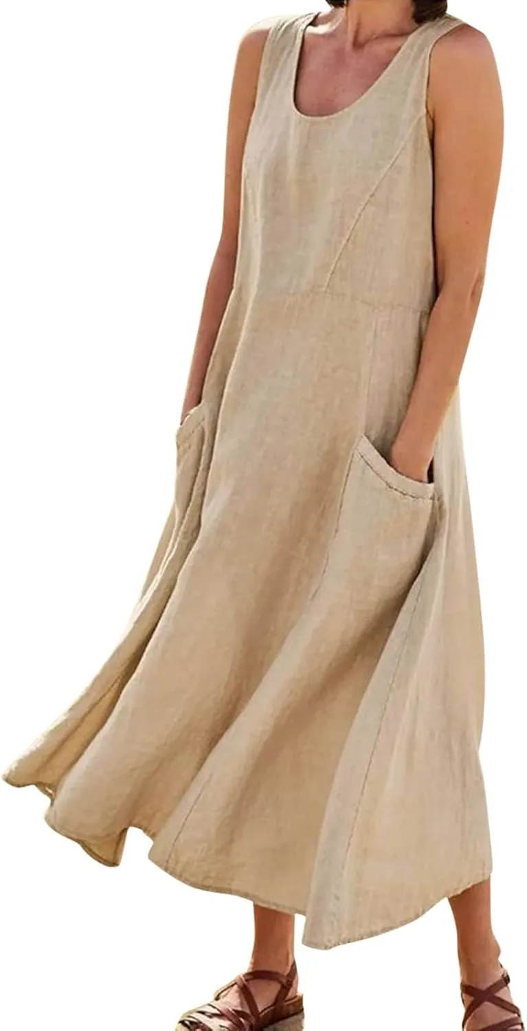 Midi Dresses for Women 2024 Casual Cotton Linen Sundress with Pockets Crew Neck Loose Solid Sun Dress Summer Dress