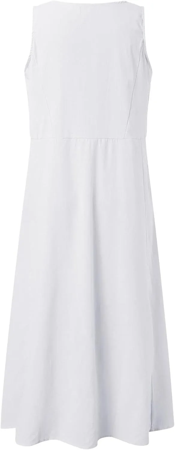 Midi Dresses for Women 2024 Casual Cotton Linen Sundress with Pockets Crew Neck Loose Solid Sun Dress Summer Dress