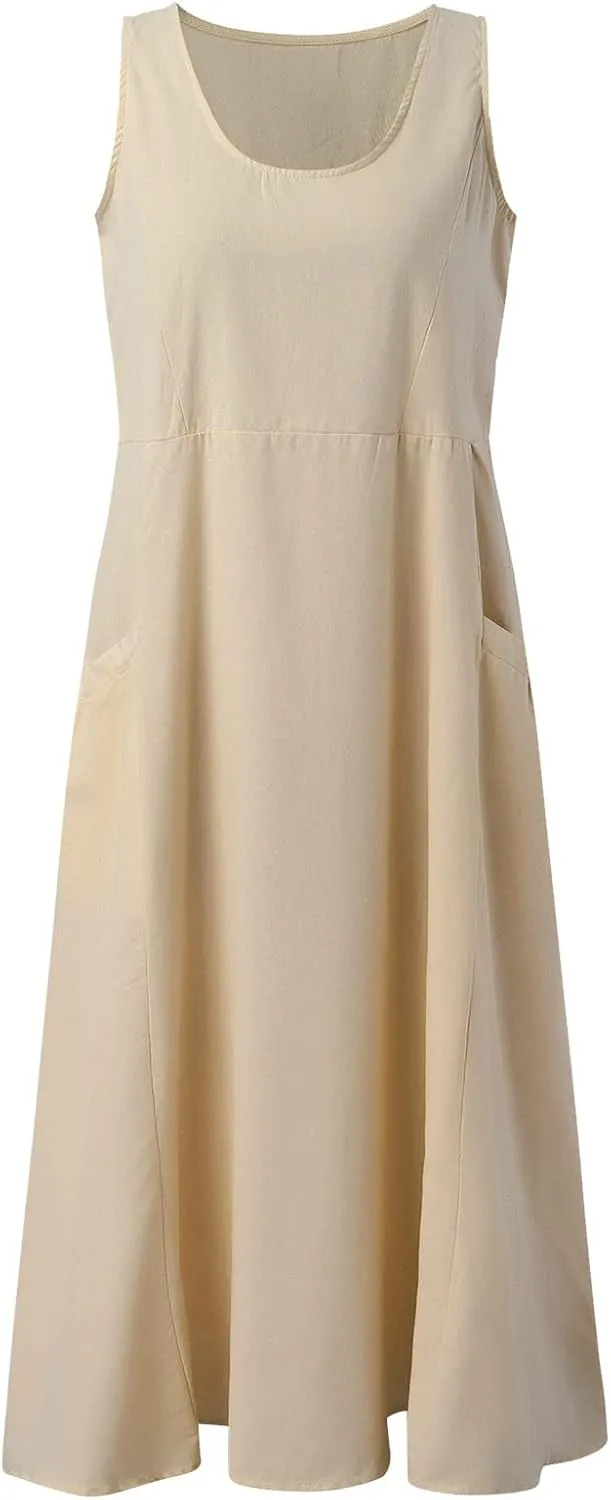 Midi Dresses for Women 2024 Casual Cotton Linen Sundress with Pockets Crew Neck Loose Solid Sun Dress Summer Dress