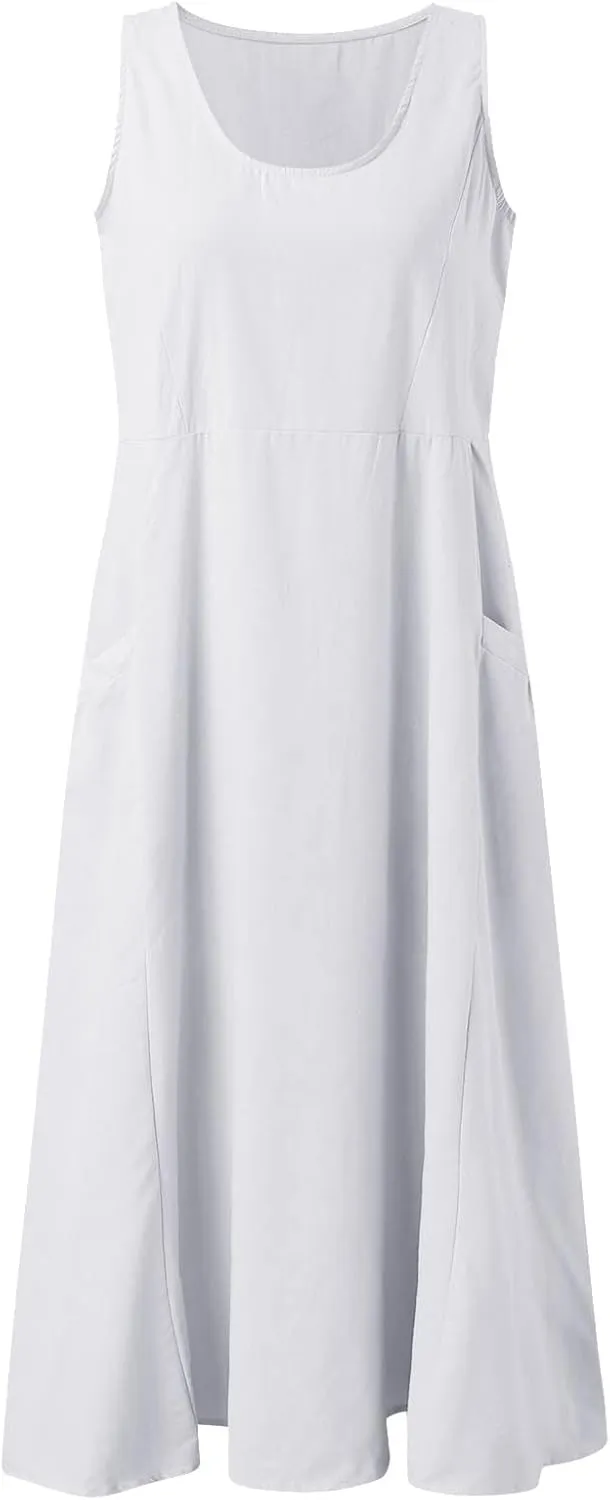 Midi Dresses for Women 2024 Casual Cotton Linen Sundress with Pockets Crew Neck Loose Solid Sun Dress Summer Dress