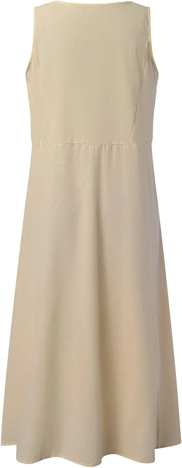 Midi Dresses for Women 2024 Casual Cotton Linen Sundress with Pockets Crew Neck Loose Solid Sun Dress Summer Dress