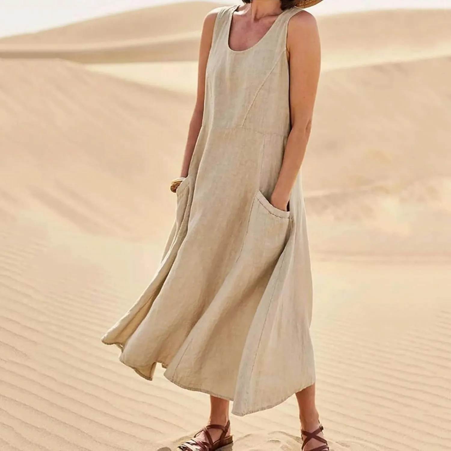 Midi Dresses for Women 2024 Casual Cotton Linen Sundress with Pockets Crew Neck Loose Solid Sun Dress Summer Dress